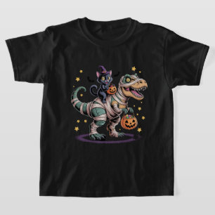Witch Cat Riding Mummy T-Rex – Cute Halloween Dino T-Shirt