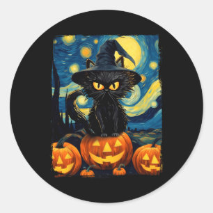 Witch Cat Starry Night Van Gogh Retro Halloween Ca Classic Round Sticker