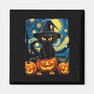 Witch Cat Starry Night Van Gogh Retro Halloween Ca Magnet