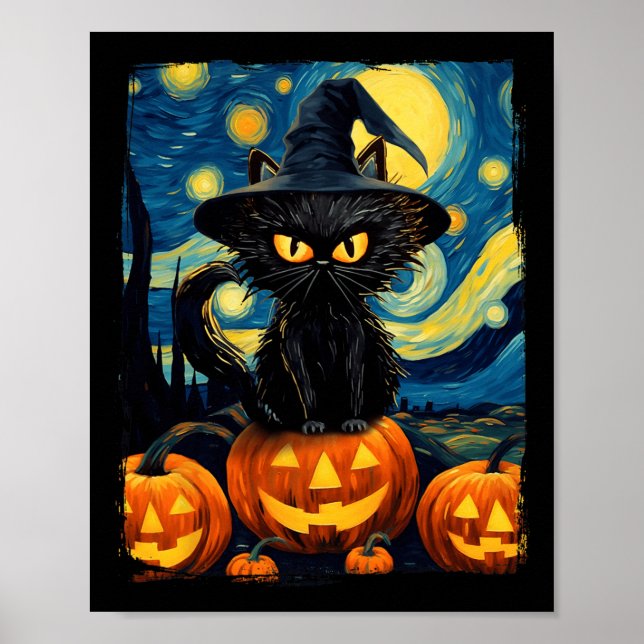 Witch Cat Starry Night Van Gogh Retro Halloween Ca Poster (Front)