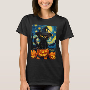Witch Cat Starry Night Van Gogh Retro Halloween Ca T-Shirt