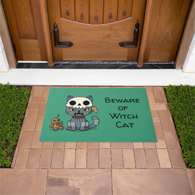 Witch Cat Voodoo Doll Green Custom Text Doormat (Outdoor)