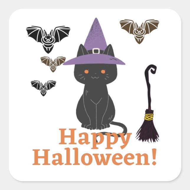 Witch Cat with Bats Happy Halloween! Square Sticker (Front)