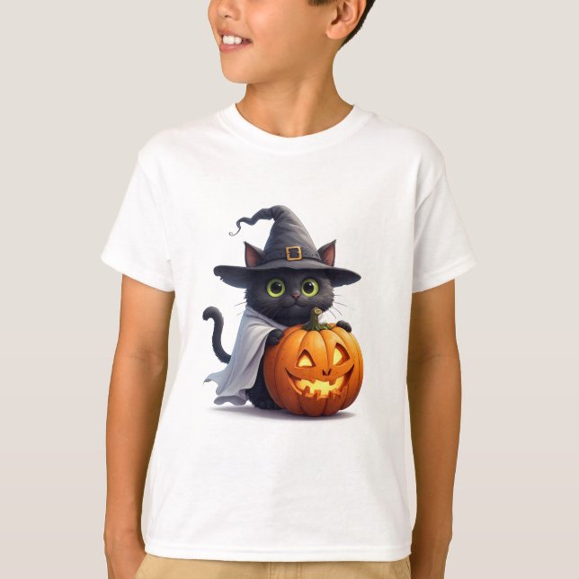 Witch Cat With Jack O Lantern Halloween Theme 🎃 T-Shirt (Front)