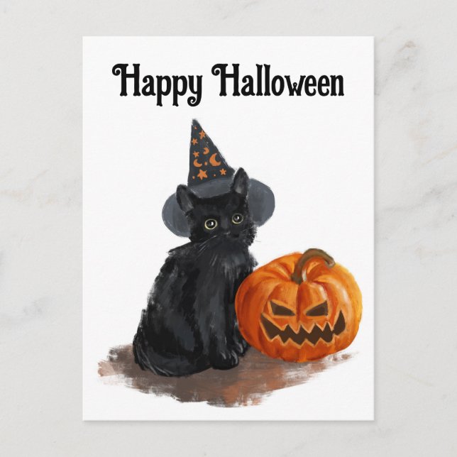 Witch Cat With Pumpkin Postcard (Front)