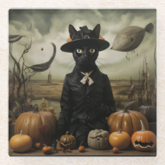 Witch Cat with Pumpkins Glass Coaster