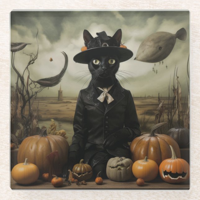Witch Cat with Pumpkins  Glass Coaster (Front)