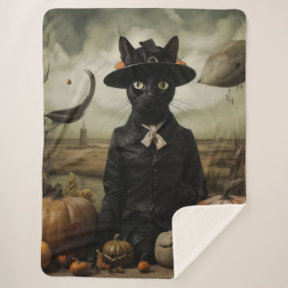 Witch Cat with Pumpkins  Sherpa Blanket