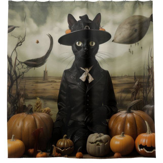 Witch Cat with Pumpkins  Shower Curtain (Front)