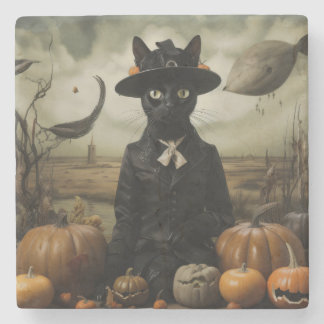 Witch Cat with Pumpkins Stone Coaster