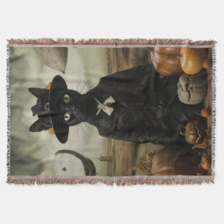 Witch Cat with Pumpkins  Throw Blanket