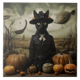 Witch Cat with Pumpkins  Tile