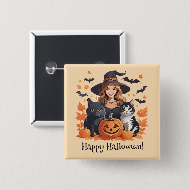 Witch Cats Bats & Pumpkins Halloween 15 Cm Square Badge (Front & Back)