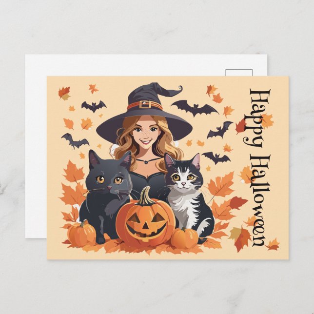 Witch Cats Bats & Pumpkins Halloween Postcard (Front/Back)