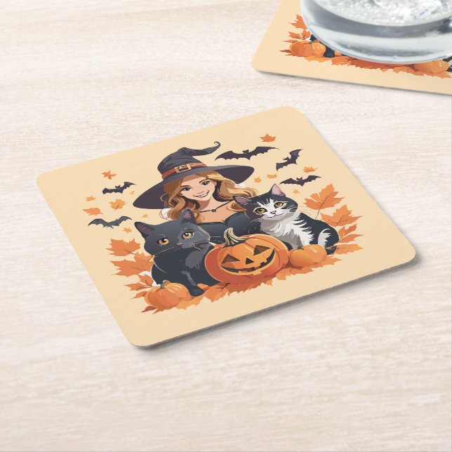Witch Cats Bats & Pumpkins Halloween Square Paper Coaster (Angled)