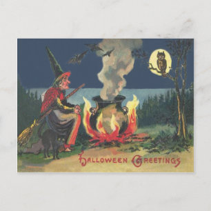 Witch Cauldron Black Cat Bat Postcard