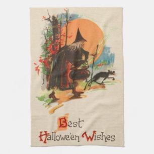 Witch Cauldron Black Cat Full Moon Tea Towel