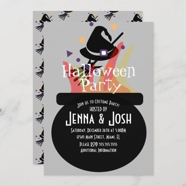 Witch Cauldron Spooky Halloween Costume Party Grey Invitation (Front/Back)