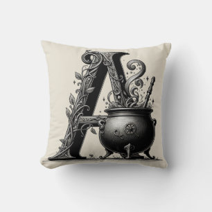 Witch Cauldron Witchy Letter A Custom Initial  Cushion