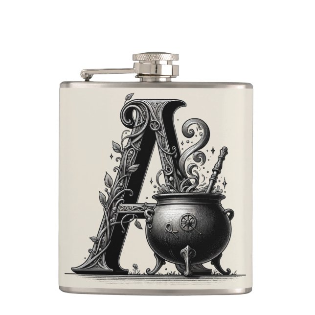 Witch Cauldron Witchy Letter A Custom Initial  Hip Flask (Front)