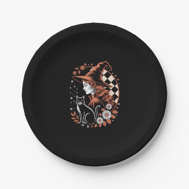 Witch Chequered Halloween Paper Plate (Front)