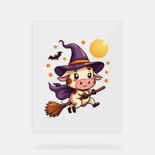 Witch Cow on a Broomstick Acrylic Sign