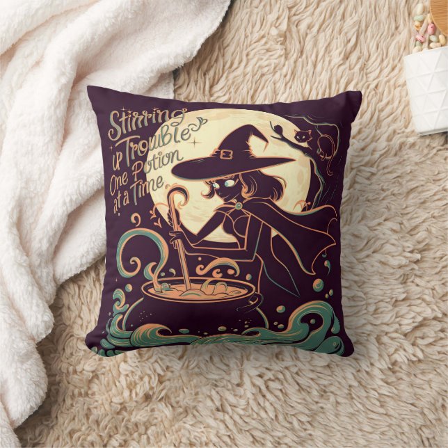Witch creating potions under a glowing moon cushion (Blanket)