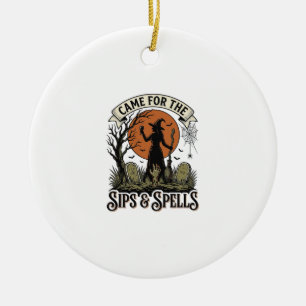 Witch Drinking Shirt Sips and Spells Vintage Hallo Ceramic Tree Decoration
