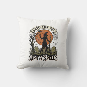 Witch Drinking Shirt Sips and Spells Vintage Hallo Cushion