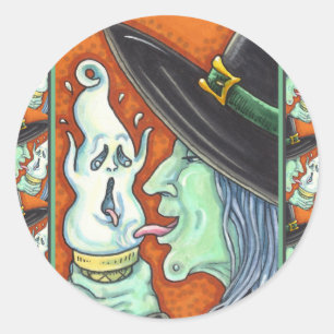 WITCH EATING SCREAMING ICE CREAM CONE, HALLOWEEN CLASSIC ROUND STICKER