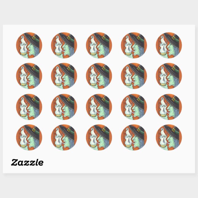 WITCH EATING SCREAMING ICE CREAM CONE, HALLOWEEN CLASSIC ROUND STICKER (Sheet)