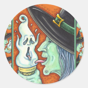 WITCH EATING SCREAMING ICE CREAM CONE, HALLOWEEN CLASSIC ROUND STICKER