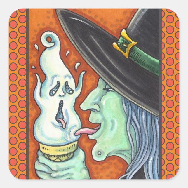 WITCH EATING SCREAMING ICE CREAM CONE, HALLOWEEN SQUARE STICKER (Front)