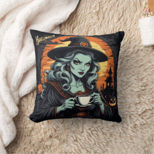 Witch enjoying tea on a spooky Halloween night Cushion