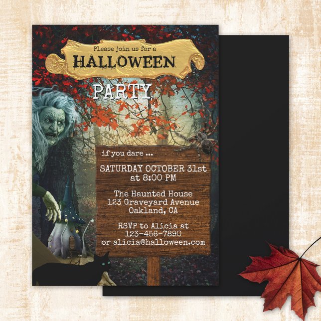 Witch Fantasy Dark Forest Halloween Party Invitation (Halloween party invitation featuring a dark forest scene with a witch, fairy home, cat and spider)