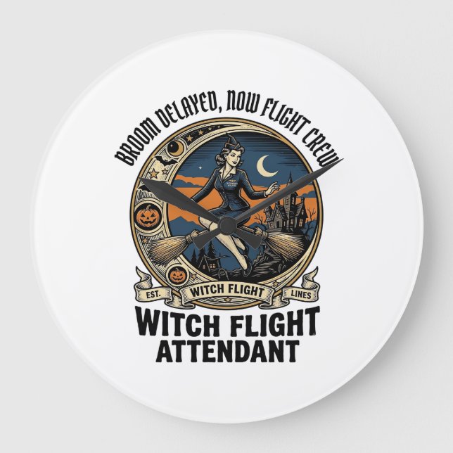 Witch flight attendant Halloween broom broke desig Large Clock (Front)