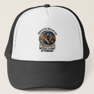 Witch flight attendant Halloween broom broke desig Trucker Hat