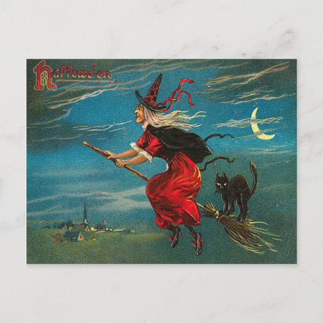 Witch Flying Black Cat Crescent Moon Postcard (Front)