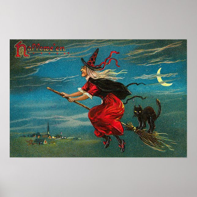 Witch Flying Black Cat Crescent Moon Poster (Front)