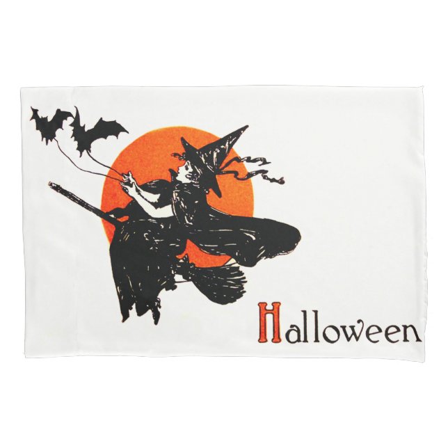 Witch Flying Broom Full Moon Bat Pillowcase (Front)