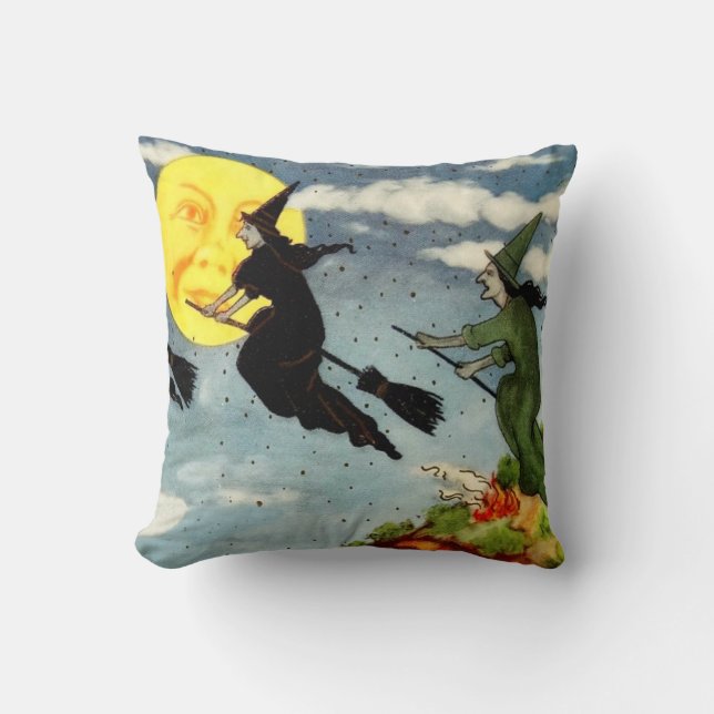 Witch Flying Broom Man In The Moon Sky Cushion (Front)