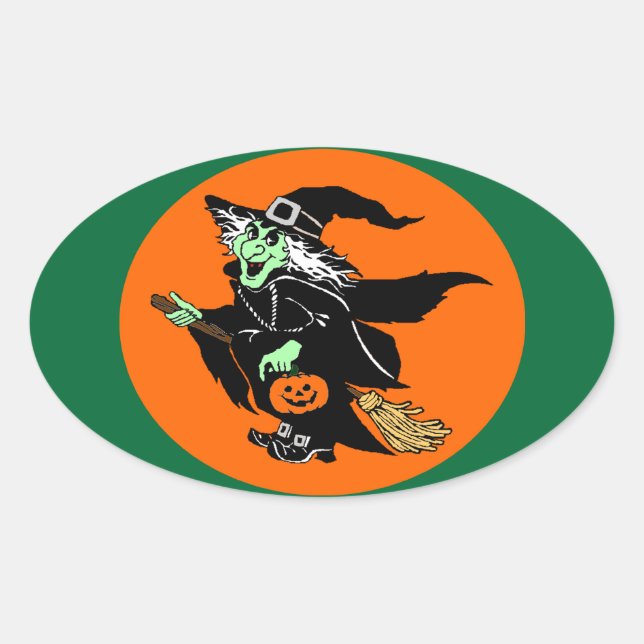 Witch Flying Halloween Cartoon Oval Sticker (Front)