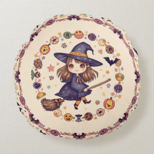 Witch Flying Halloween Round Pillow