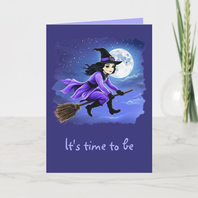Witch flying of a broom - Wicca Halloween 1 Card (Front)