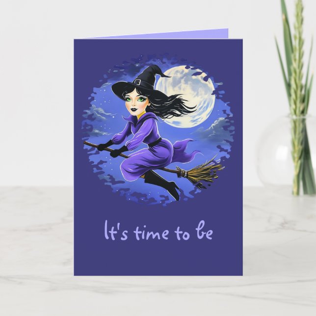 Witch flying of a broom - Wicca Halloween 7 Card (Front)
