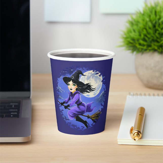 Witch flying of a broom - Wicca Halloween 7 Paper Cups (Insitu)