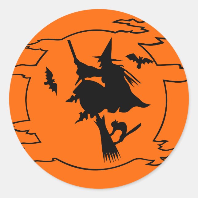 Witch flying on a broom stick Halloween stickers (Front)