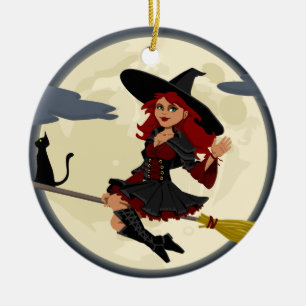 Witch Flying on Broom Ceramic Tree Decoration
