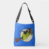 Witch Flying on Broom With Black Cat Moon Stars