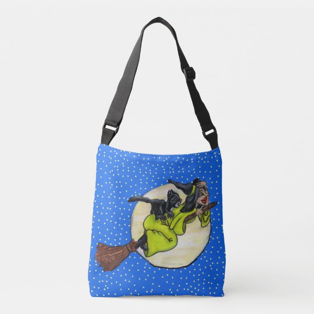 Witch Flying on Broom With Black Cat Moon Stars Crossbody Bag (Front)